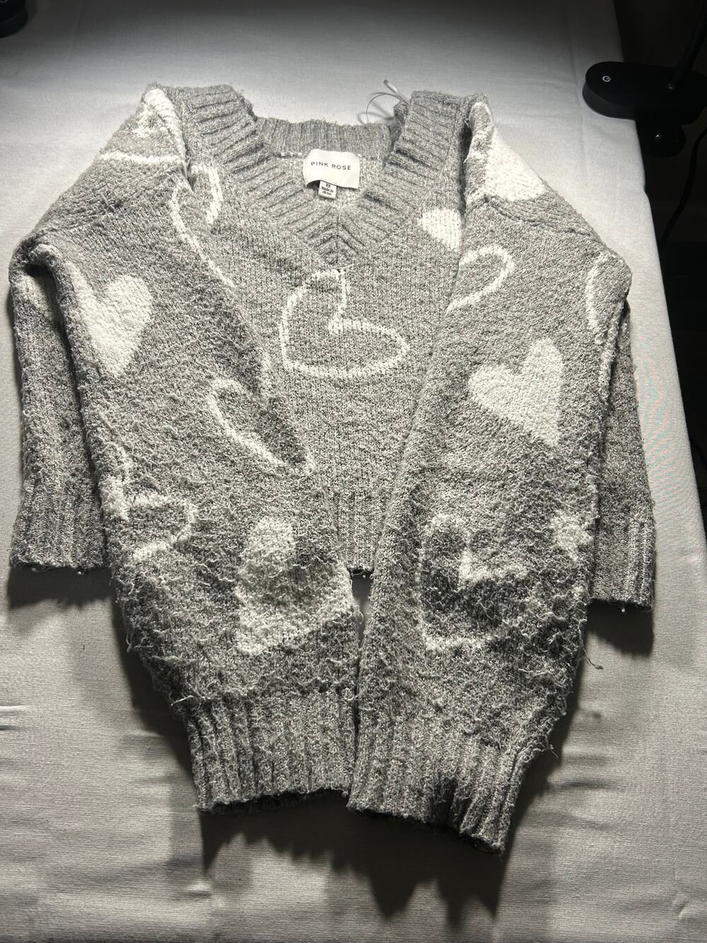 Pink Rose Women’s XS Gray White Heart Fuzzy Knit V-Neck Sweater